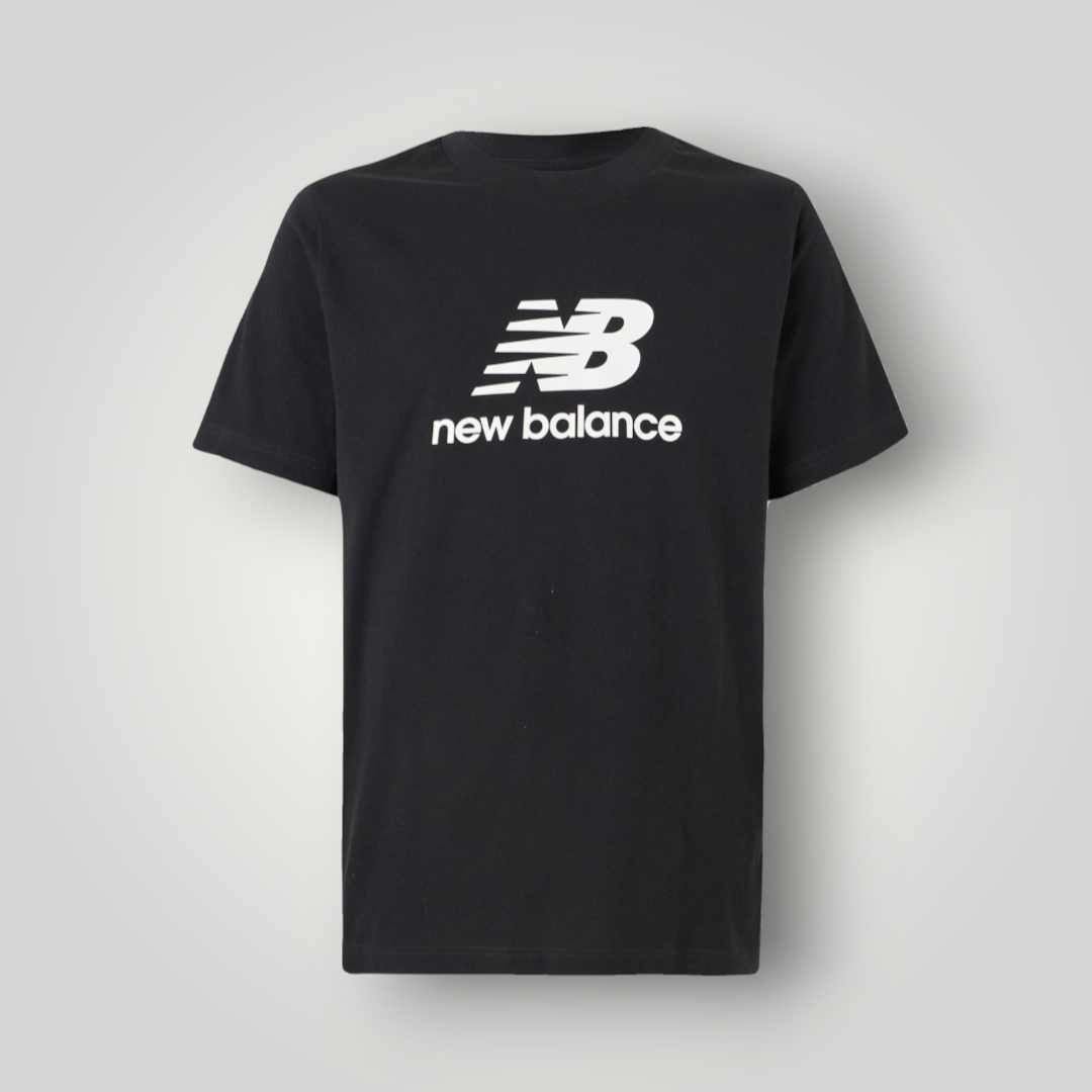 Schwarzes NDO Clothing New Balance Essentials T-Shirt aus Baumwoll-Jersey mit weißem Logo-Print und Rundhalsausschnitt