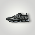 NDO Clothing New Balance U2000 Sneaker in Schwarz mit silbernen Metallic-Akzenten, Mesh-Obermaterial und Dämpfungssohle.
