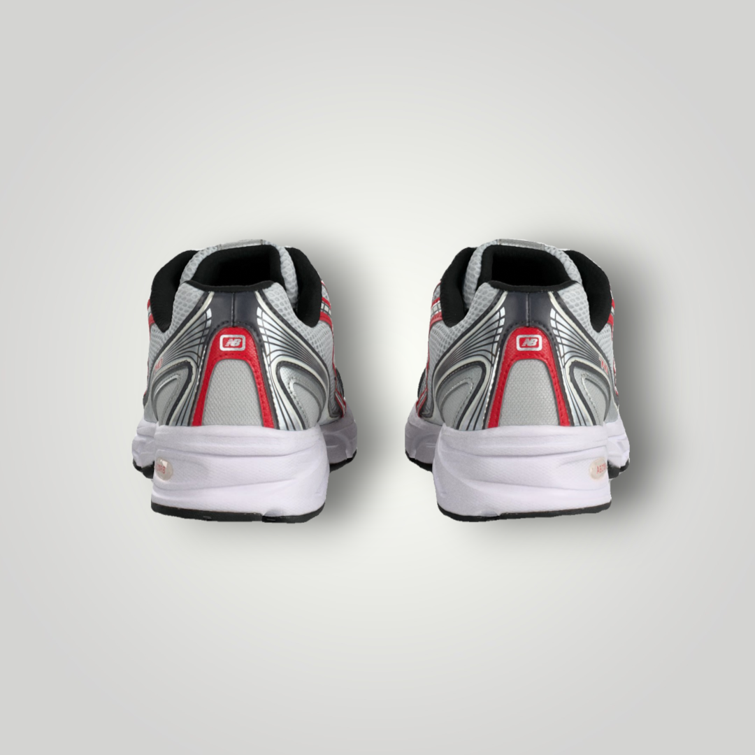 NDO Clothing New Balance U740 Sneaker in Grau und Rot, Rückansicht mit Mesh-Details und Abzorb-Dämpfung