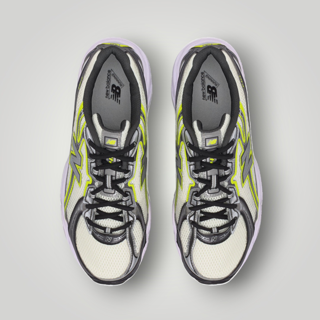 NDO Clothing New Balance U740 Unisex Sneaker in Weiß und Grün mit Mesh-Obermaterial und Schnürung in der Draufsicht