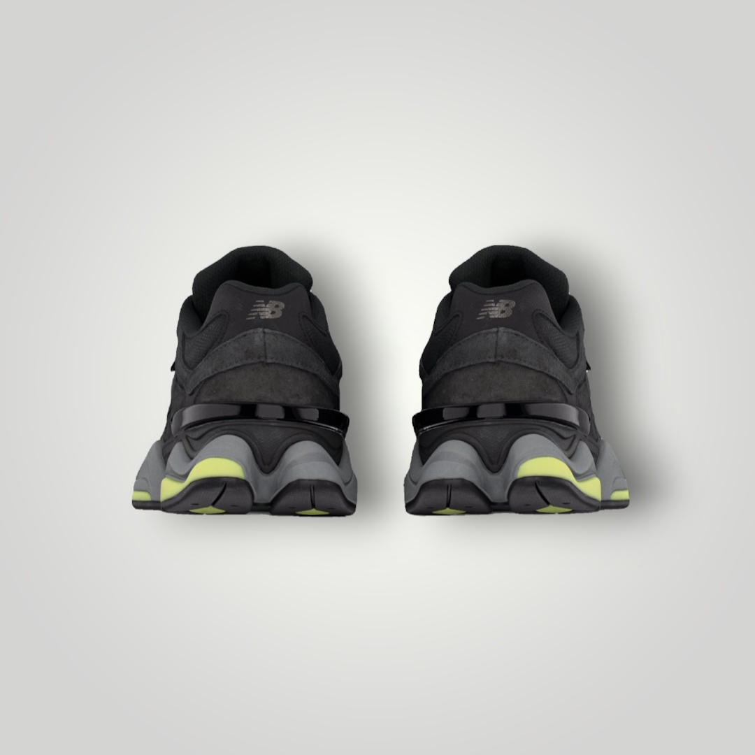NDO Clothing New Balance U9060 Sneaker in Schwarz mit grauen und neongelben Akzenten, Rückansicht