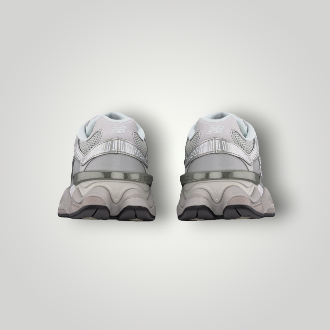 NDO Clothing New Balance U9060 Sneaker in Raincloud und Truffle Salt mit Mesh- und Wildleder-Details, Rückansicht.