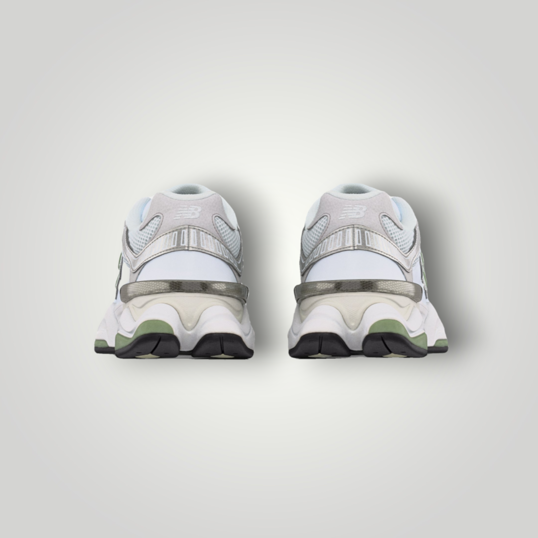 NDO Clothing New Balance U9060 Sneaker in Weiss und Oregano-Grün, Rückansicht mit markanter Sohle und Mesh-Details