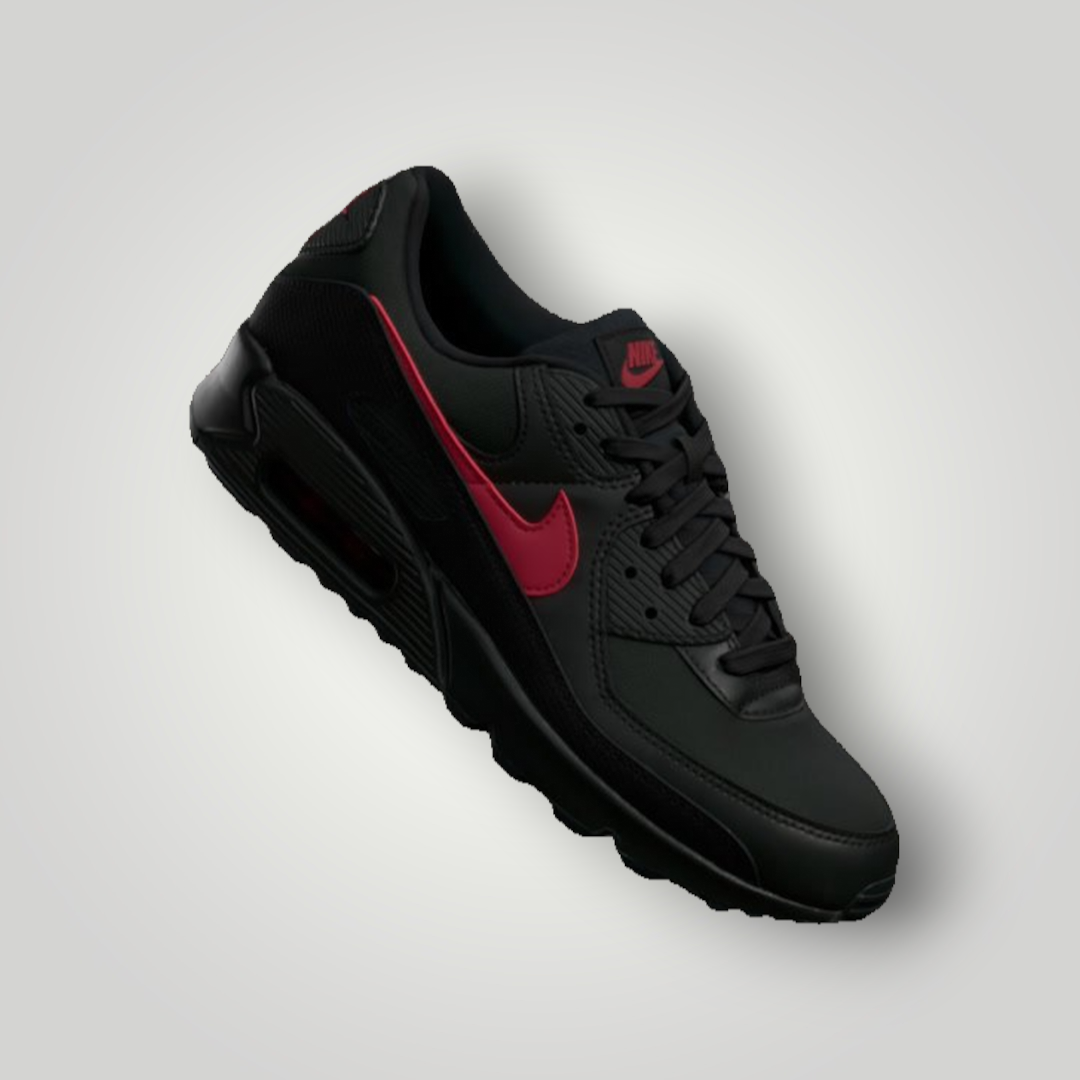 NDO Clothing Nike Air Max 90 SE Sneaker in Schwarz mit rotem Swoosh und sichtbarer Air-Dämpfung in der Sohle