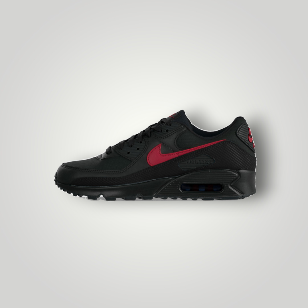 NDO Clothing Nike Air Max 90 SE Sneaker in Schwarz mit roten Akzenten und sichtbarer Air-Dämpfung in der Seitenansicht