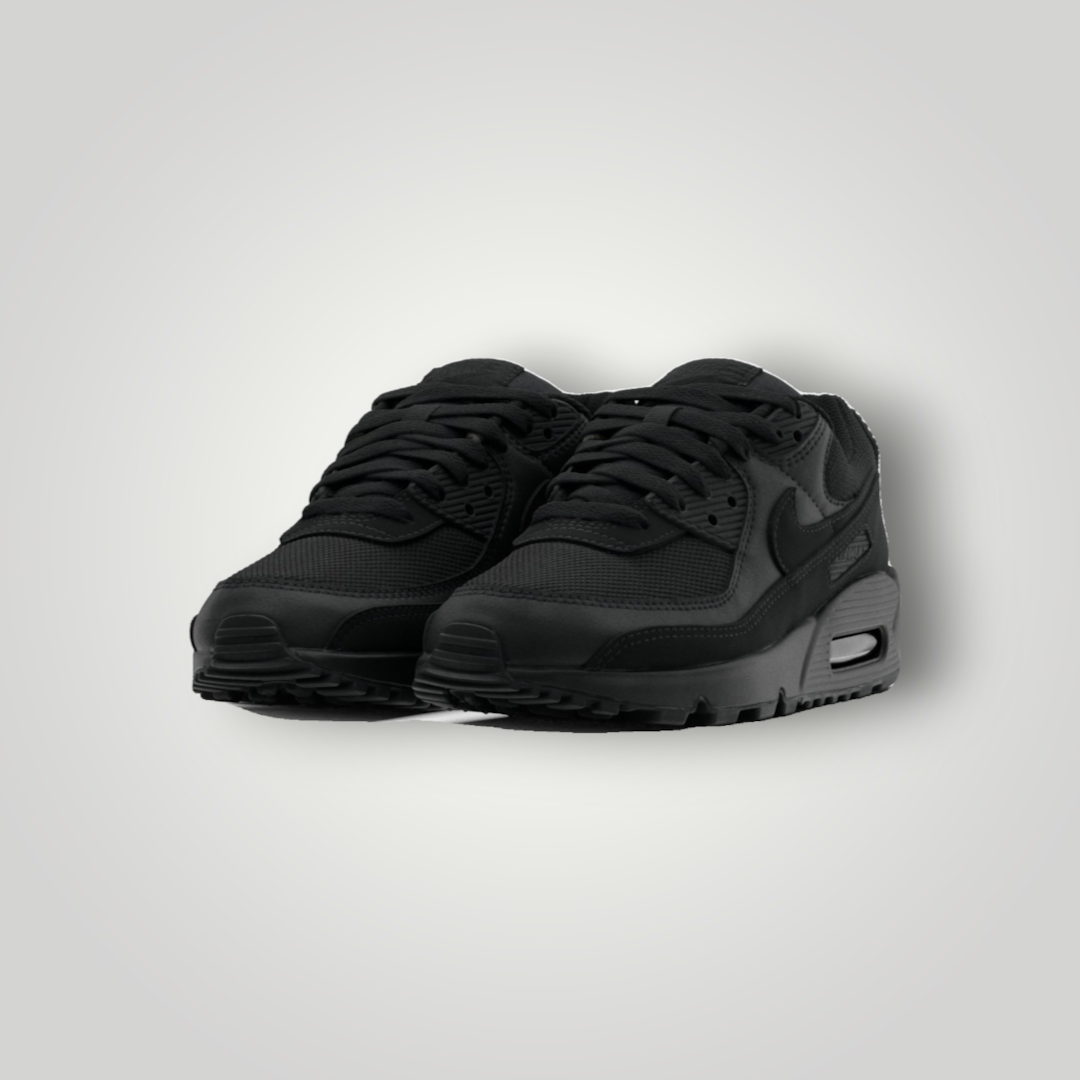 NDO Clothing Nike Air Max 90 Sneaker in komplettem Schwarz aus Leder und Mesh mit klassischer Waffle-Sohle
