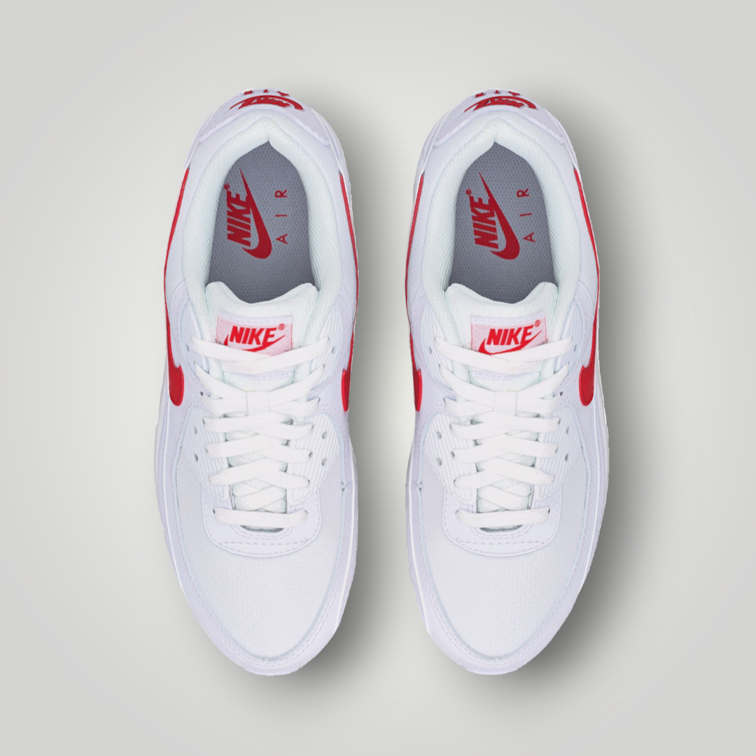 NDO Clothing Nike Air Max 90 Sneaker in Weiß und University Rot mit Mesh-Obermaterial und Schnürung in Draufsicht
