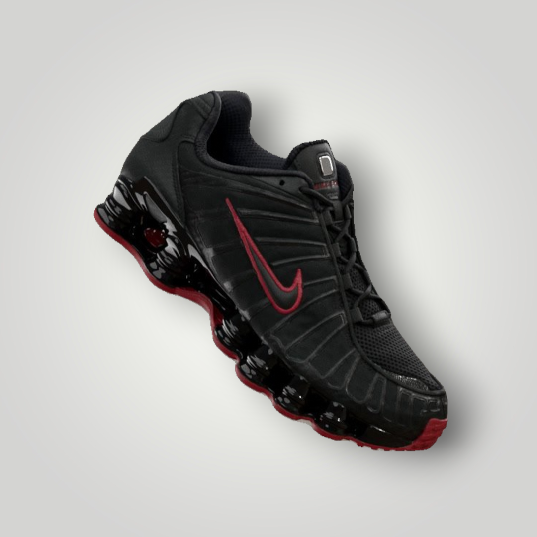 NDO Clothing Nike Sportswear SHOX TECH Sneaker in Schwarz und Tough Red mit charakteristischer 4-Säulen-Dämpfung