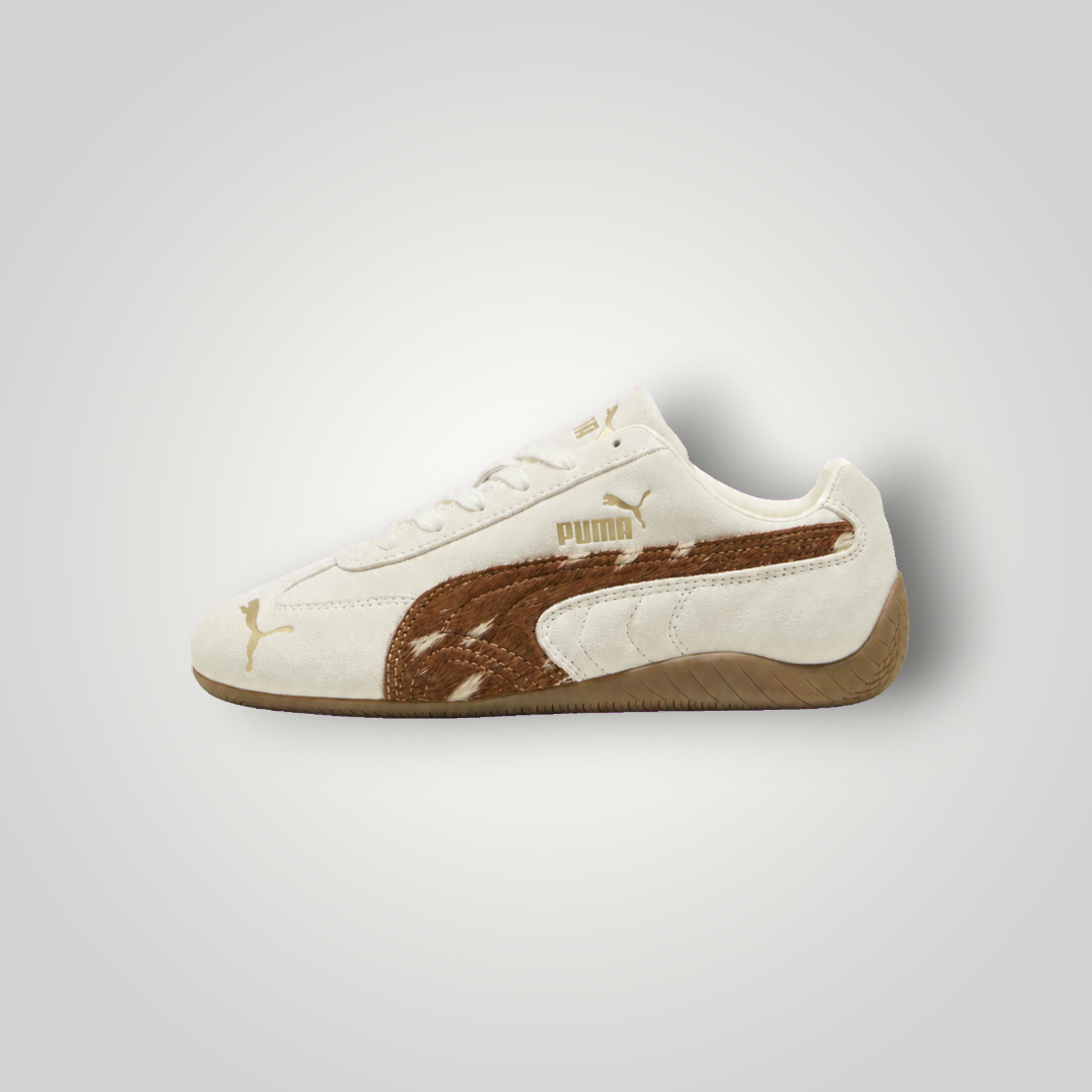 NDO Clothing Puma Speedcat Doelette Sneaker in Warmweiß und Karamell mit Animal-Print-Details und flacher Gummisohle