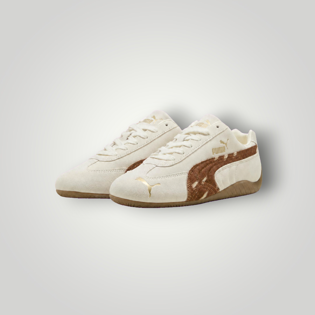 NDO Clothing Puma Speedcat Doelette Sneaker in warmem Weiß und Caramel mit Animal-Print-Details und flacher Sohle