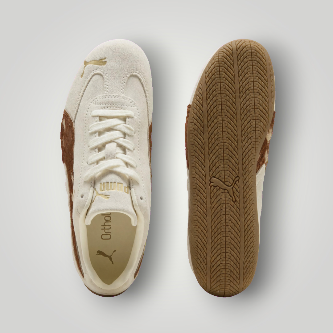 NDO Clothing Puma Speedcat Doelette Sneaker in Warmweiß und Karamell mit Animal-Print-Details und flacher Gummisohle