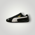 NDO Clothing Puma Speedcat OG JR Unisex Sneaker aus schwarzem Veloursleder mit weißem Formstrip und goldenem Logo