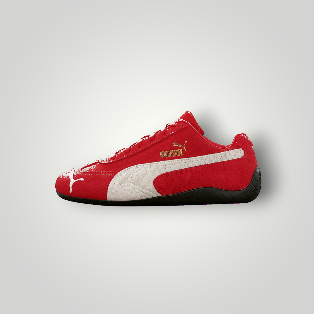 NDO Clothing Puma Speedcat OG JR Sneaker aus rotem Veloursleder mit weißem Formstrip und flacher Sohle