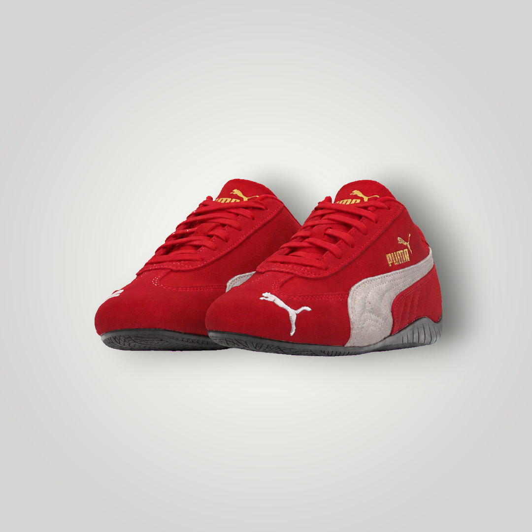 NDO Clothing Puma Speedcat OG JR Sneaker aus rotem Veloursleder mit weißem Formstrip und Schnürung