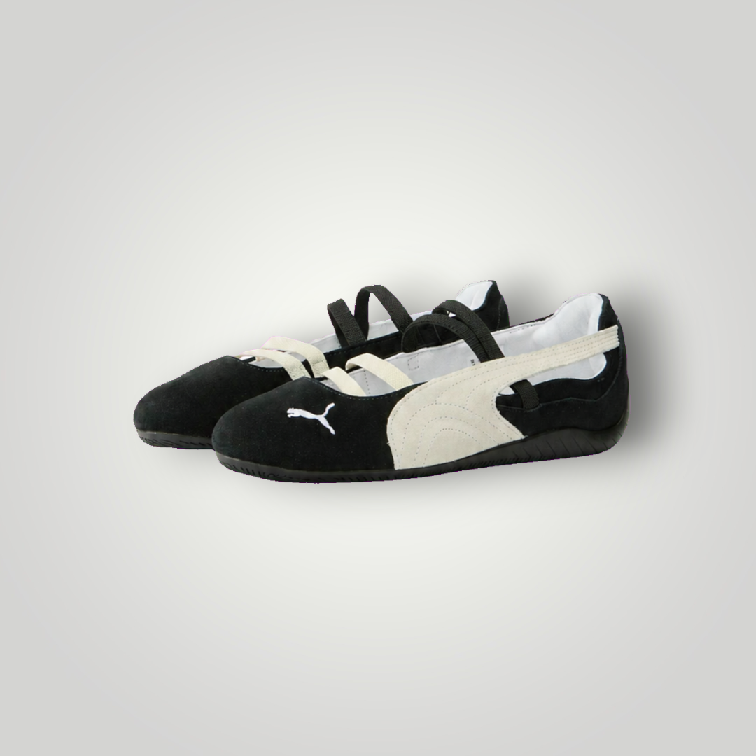NDO Clothing Puma SPEEDCAT Riemchenballerina aus schwarzem und weißem Veloursleder mit flacher Sohle