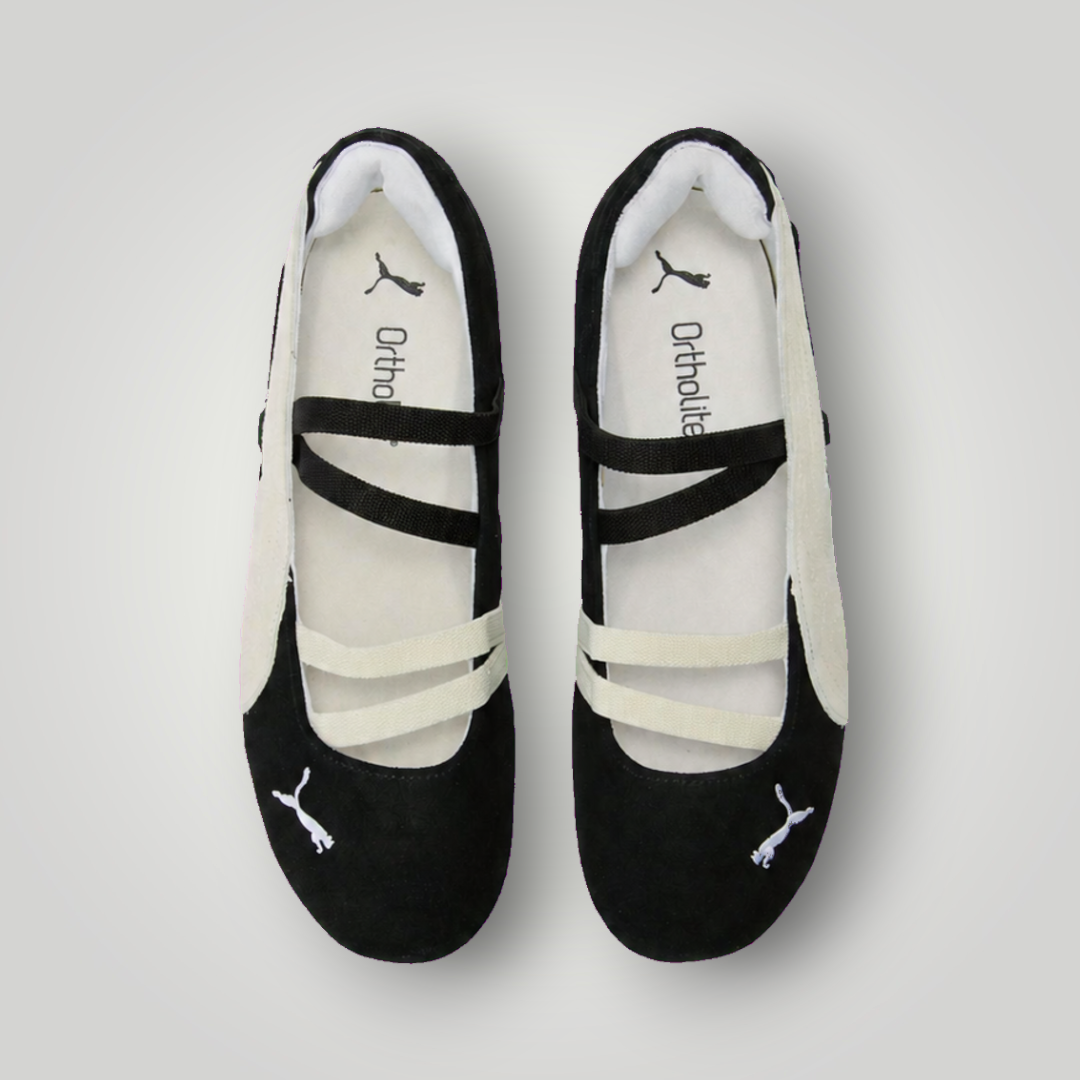NDO Clothing Puma SPEEDCAT Riemchenballerina aus schwarzem Veloursleder mit weißen Details und elastischen Riemen