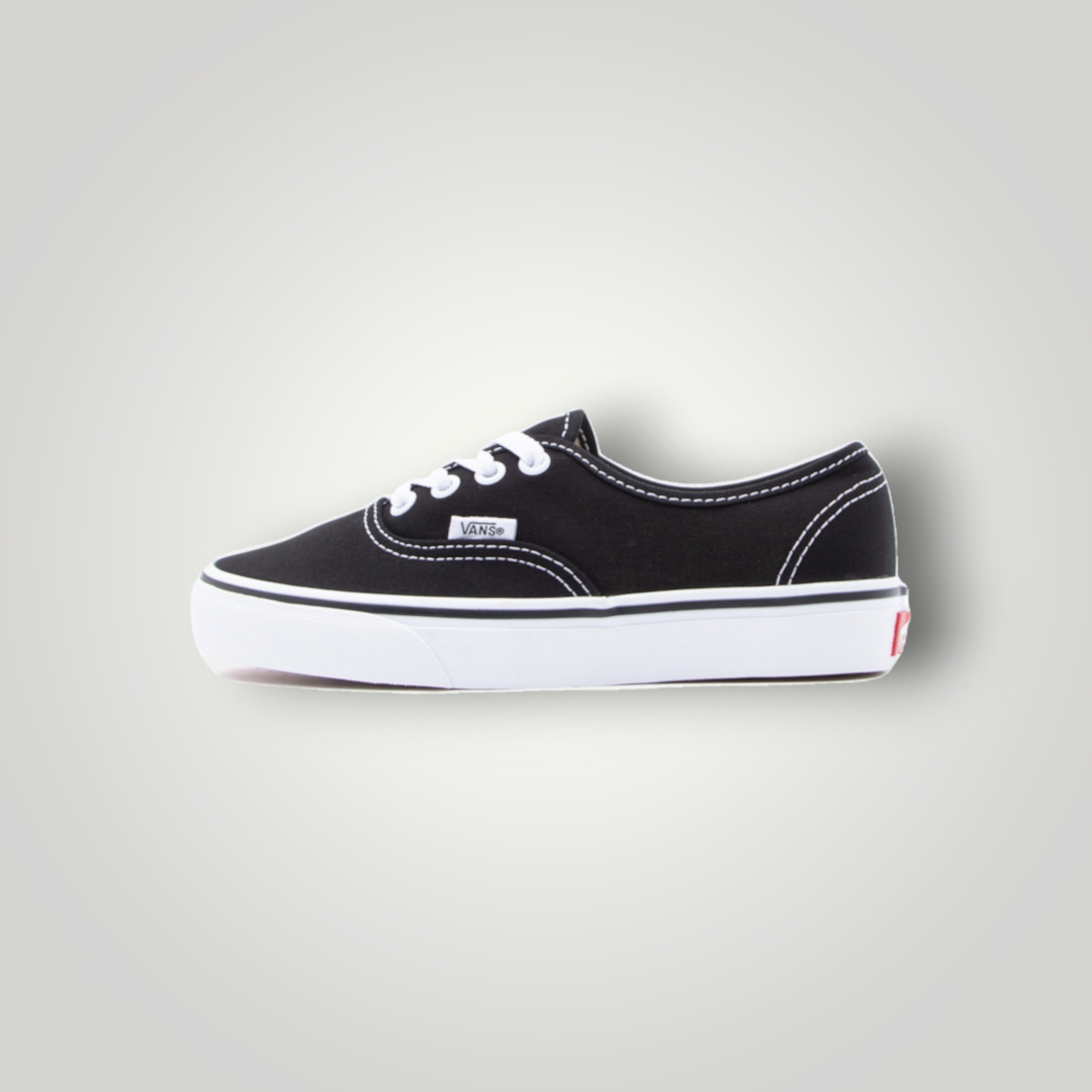 NDO Clothing Vans Authentic Unisex Sneaker aus schwarzem Canvas mit weißer Schnürung und flacher Gummisohle