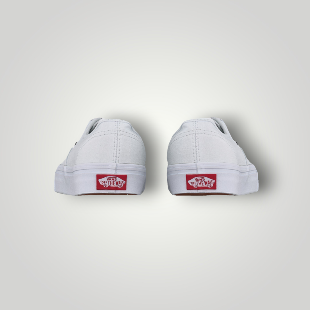 NDO Clothing Vans Authentic Unisex Sneaker in True White aus Canvas mit rotem Fersenlogo, Rückansicht