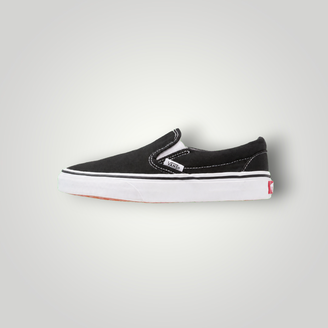 NDO Clothing Vans Classic Slip-On Sneaker aus schwarzem Canvas mit weißer Gummisohle und seitlichem Elastikeinsatz