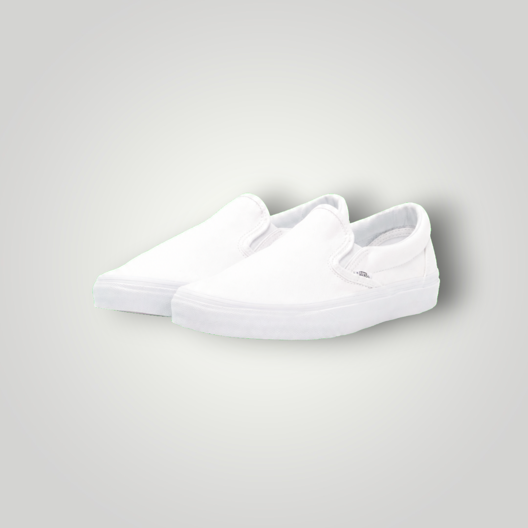 NDO Clothing Vans UA Classic Slip-On Sneaker aus weißem Canvas mit flacher Gummisohle und elastischen Einsätzen