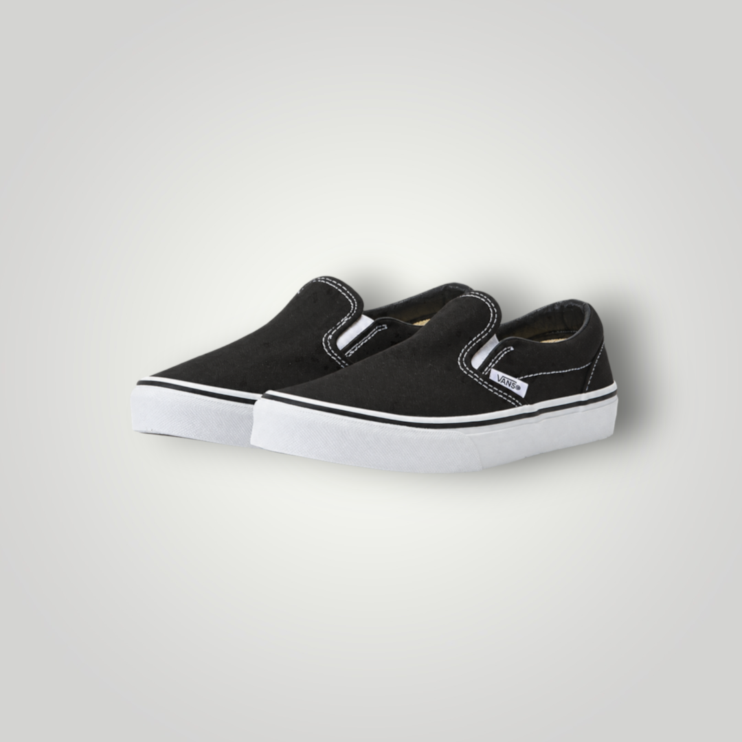 NDO Clothing Vans Classic Slip-On Sneaker aus schwarzem Canvas mit weißer Gummisohle und elastischen Einsätzen