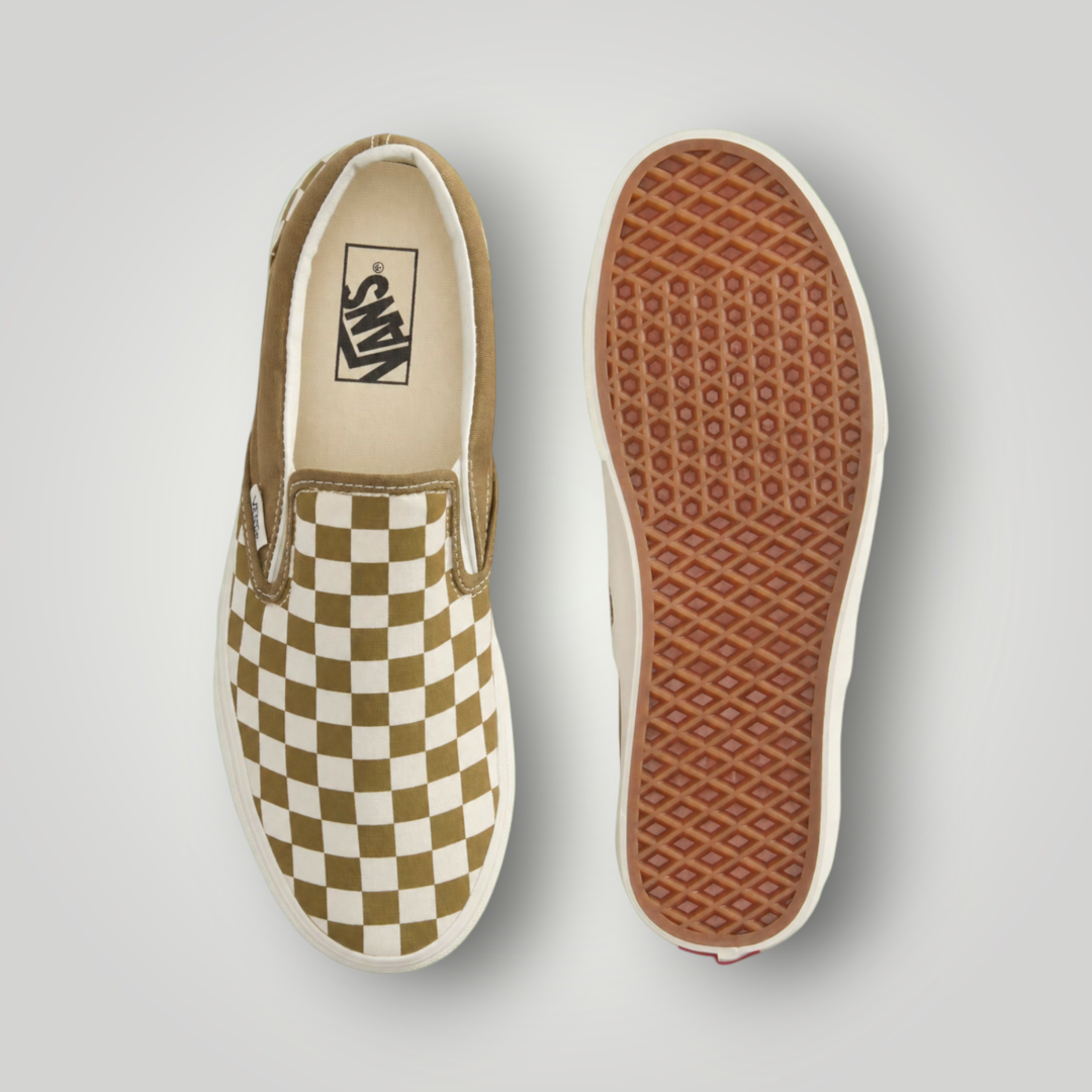 NDO Clothing Vans Classic Slip-On Sneaker in mittelbraunem Schachbrettmuster aus Canvas mit Gummisohle
