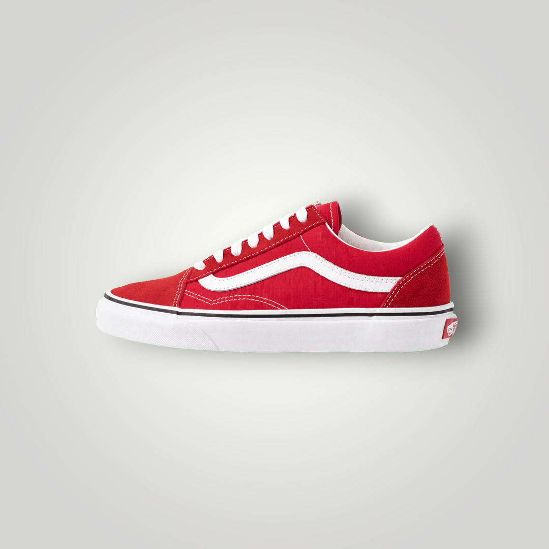 NDO Clothing Vans Old Skool Sneaker in Racing Rot und Weiß aus Canvas und Leder mit flacher Sohle