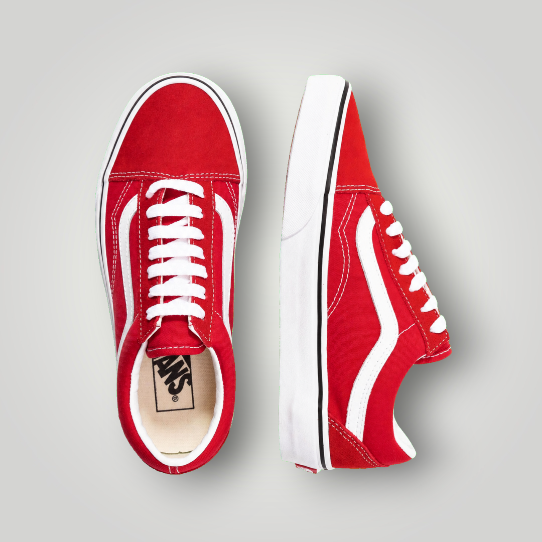 NDO Clothing Vans Old Skool Sneaker in Racing Rot und Weiß aus Canvas und Leder mit flacher Sohle