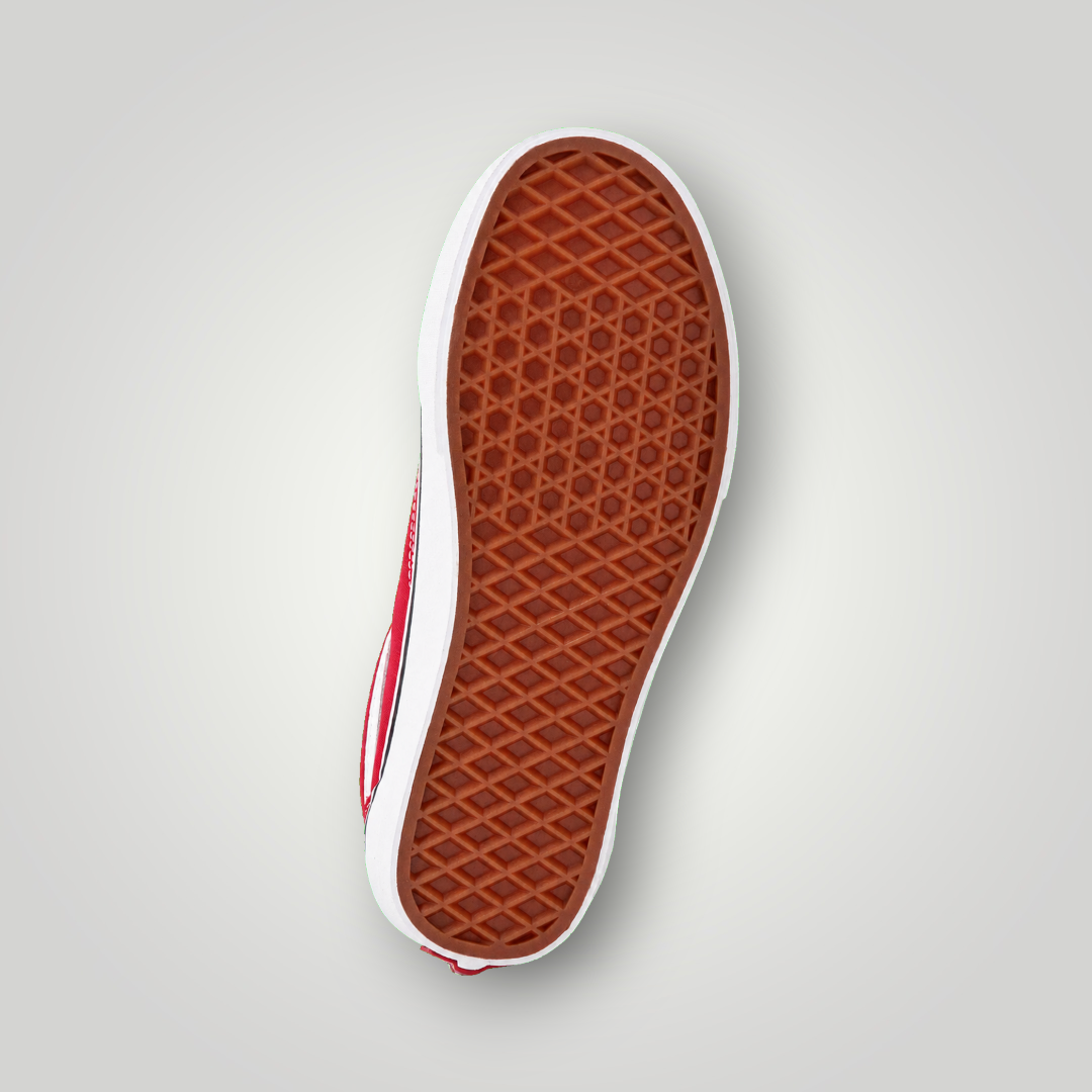 NDO Clothing Vans Old Skool Sneaker mit charakteristischer brauner Waffelprofil-Gummisohle in Rot und Weiß