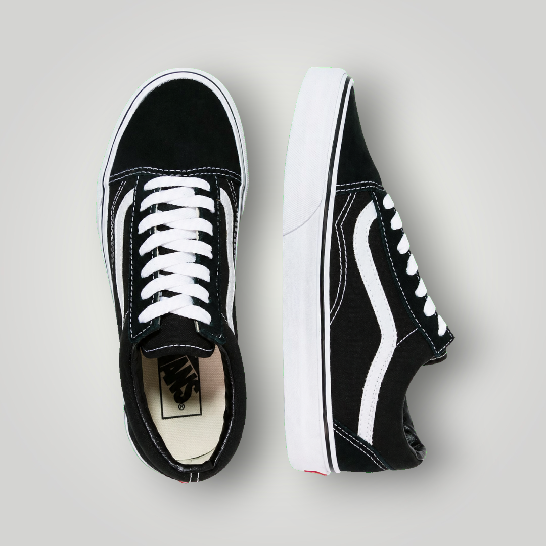 NDO Clothing Vans Old Skool Unisex Sneaker in Schwarz aus Canvas und Leder mit weißem Seitenstreifen