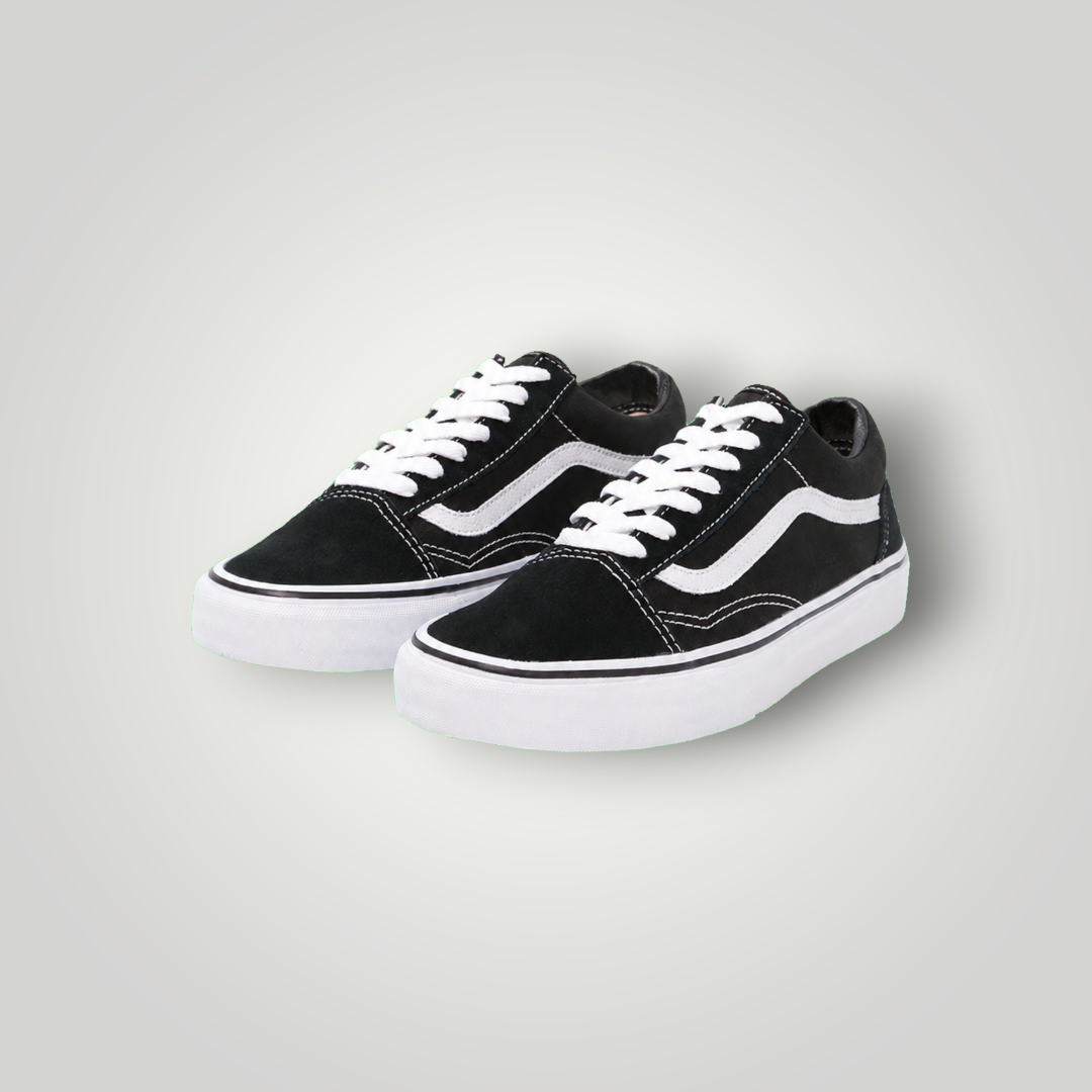 NDO Clothing Vans Old Skool Unisex Sneaker in Schwarz aus Canvas und Leder mit weißer Sohle und Schnürung