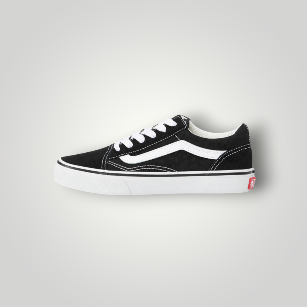NDO Clothing Vans Old Skool Unisex Sneaker in Schwarz und Weiß aus Canvas und Leder mit flacher Sohle