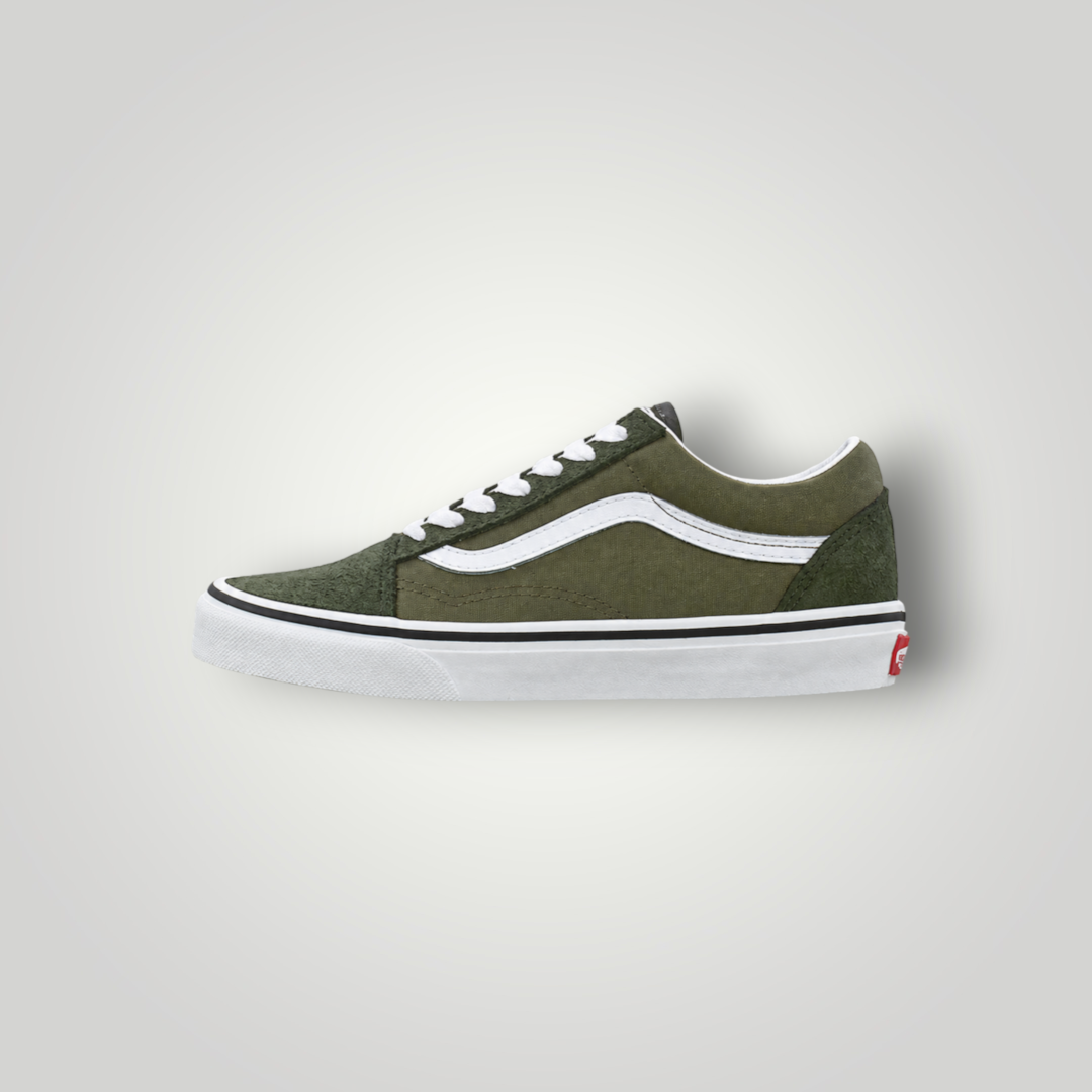 NDO Clothing Vans Old Skool Sneaker in Dunkelgrün aus Wildleder und Canvas mit weißem Seitenstreifen und Gummisohle