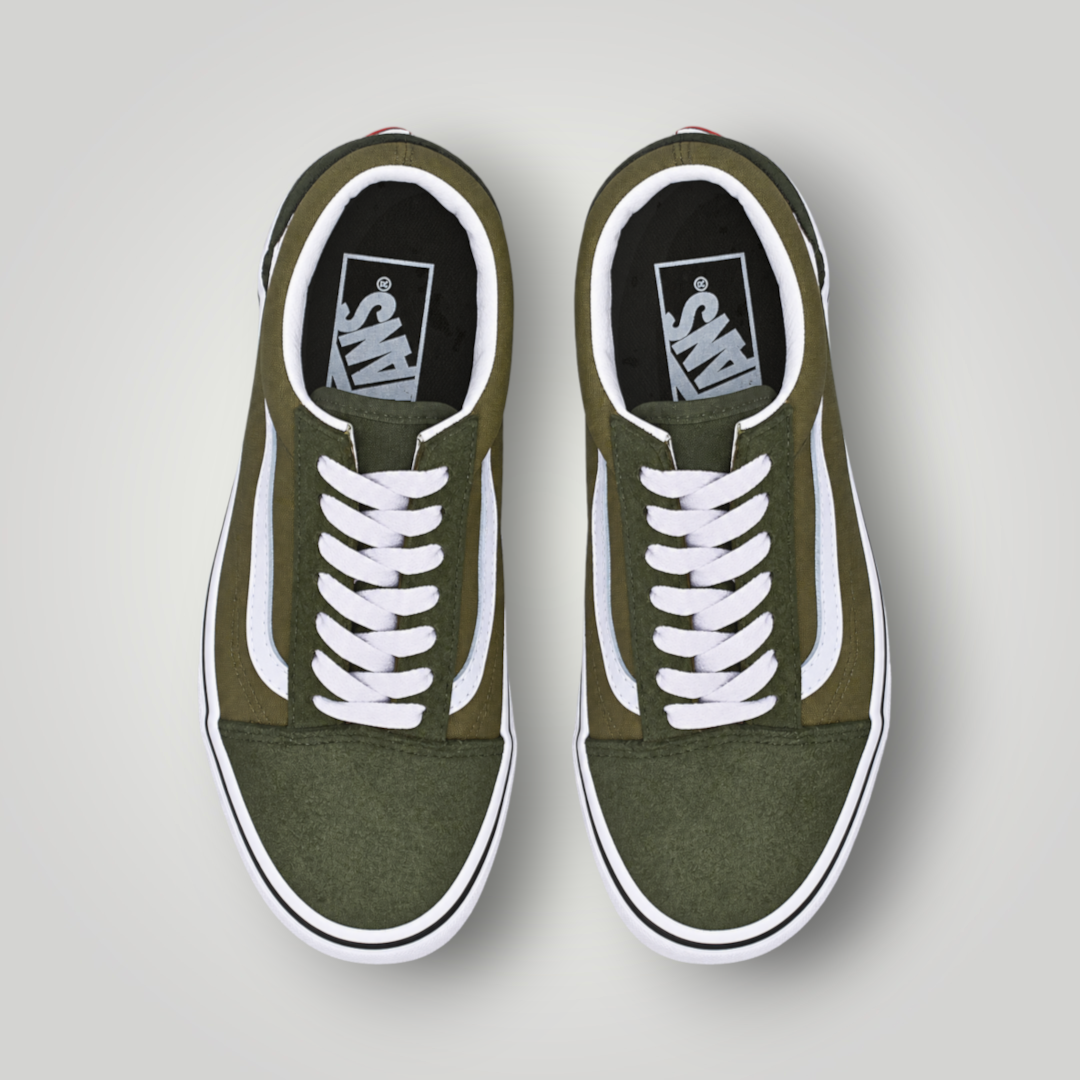 NDO Clothing Vans Old Skool Sneaker in Dunkelgrün aus Wildleder und Canvas mit weißer Schnürung und Seitenstreifen
