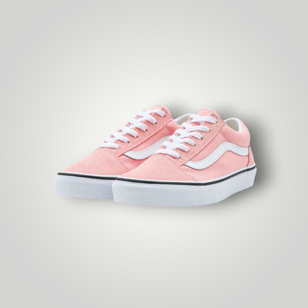 NDO Clothing Vans Old Skool Sneaker in Puderrosa aus Canvas und Leder mit weißem Seitenstreifen und flacher Sohle.