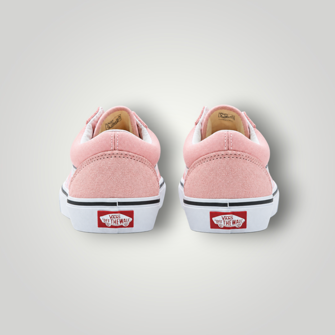 NDO Clothing Vans Old Skool Sneaker in Puderrosa mit weißer Sohle und rotem Off The Wall Logo an der Ferse