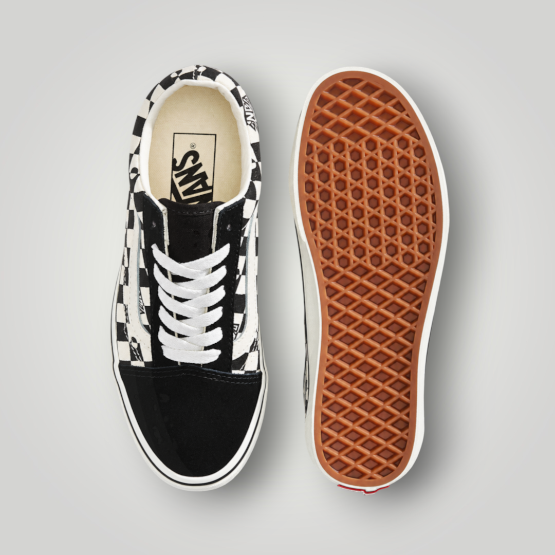 NDO Clothing Vans Old Skool Unisex Sneaker in Schwarz-Weiß mit kariertem Muster und charakteristischer Waffelsohle