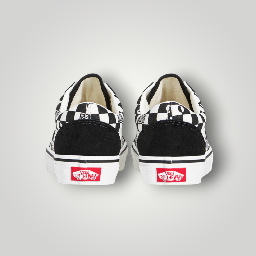 NDO Clothing Vans Old Skool Unisex Sneaker in Schwarz-Weiß mit Schachbrettmuster und rotem Fersenlogo