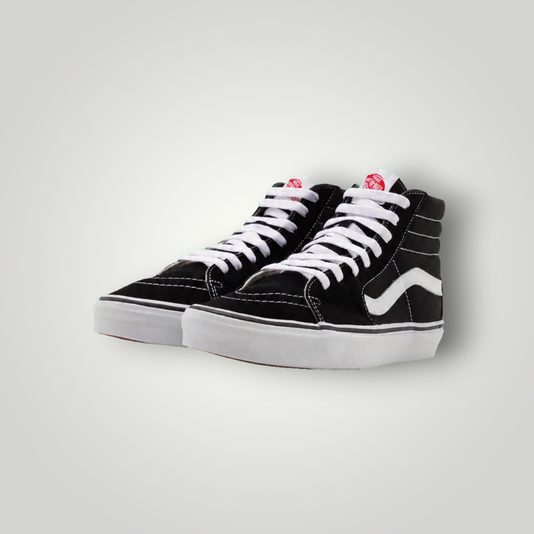 NDO Clothing Vans SK8-HI Unisex High-Top Sneaker in Schwarz und Weiß aus Canvas und Leder mit weißer Gummisohle