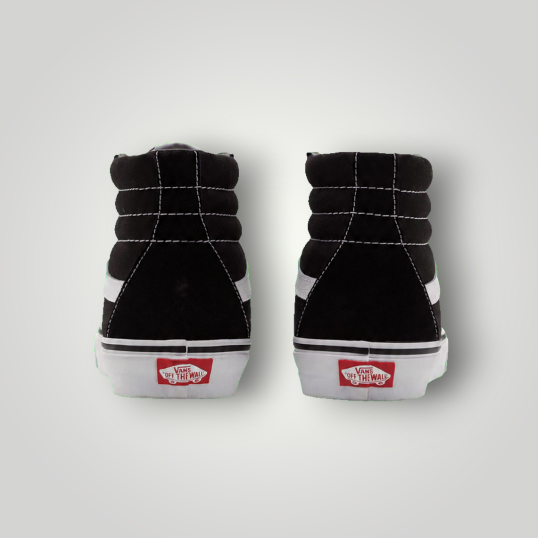 NDO Clothing Vans SK8-HI Unisex High-Top-Sneaker in Schwarz und Weiß, Rückansicht mit charakteristischem Logo-Patch