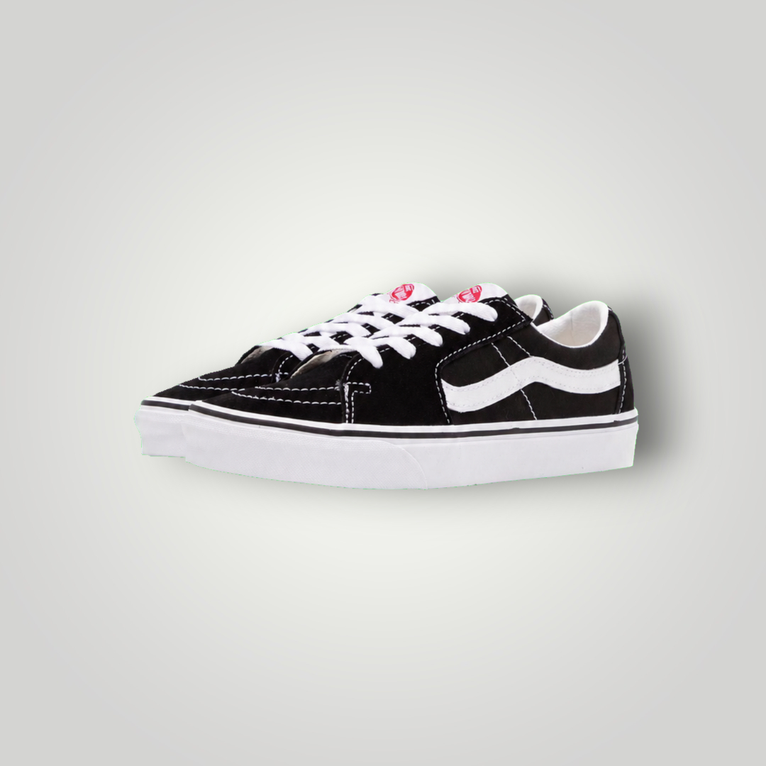 NDO Clothing Vans SK8 Low Unisex Sneaker in Schwarz und Weiß aus Canvas und Leder mit flacher Sohle