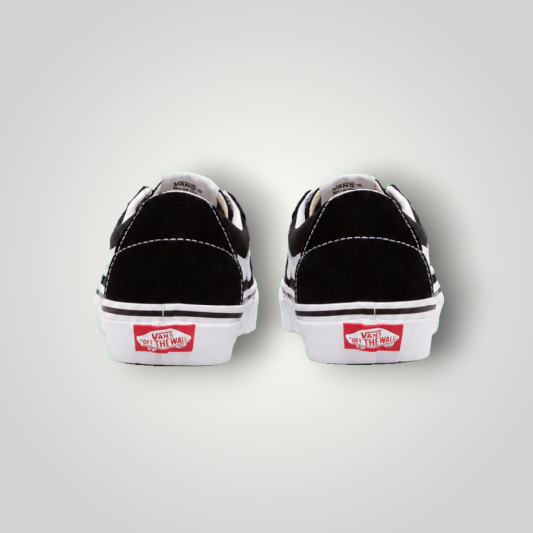 NDO Clothing Vans SK8 Low Sneaker in Schwarz und Weiß, Rückansicht mit charakteristischem Off The Wall Logo